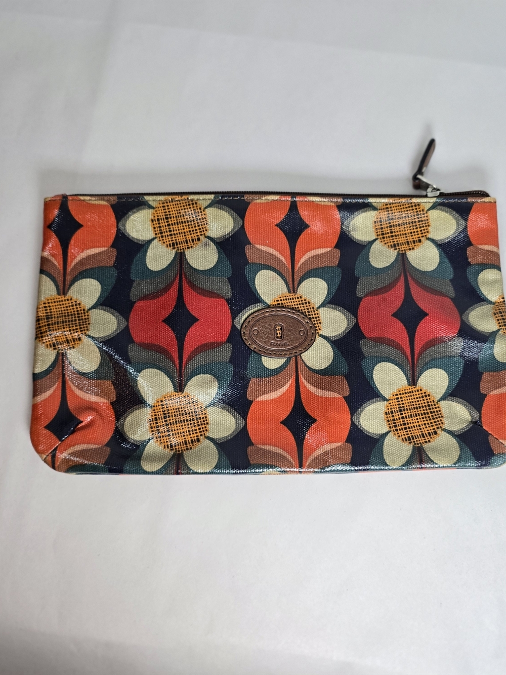 Fossil Navy Floral Retro Zip Clutch with Orange and Red Accents